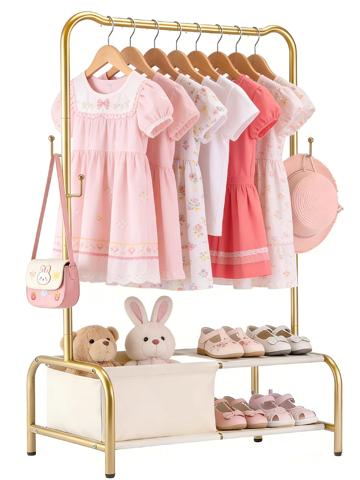 Atrastout kids clothing rack front view in gold, sturdy metal for busy rooms