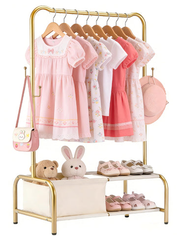 Atrastout kids clothing rack front view in gold, sturdy metal for busy rooms