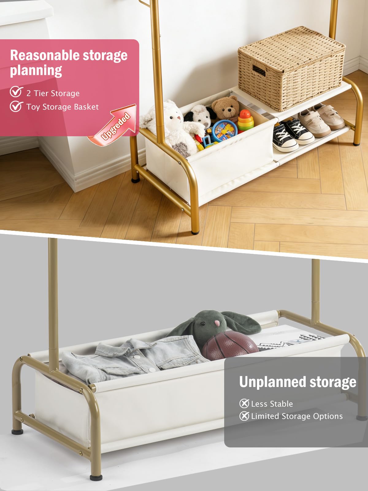 Atrastout clothing rack with storage shelf showcases beneath space for shoes