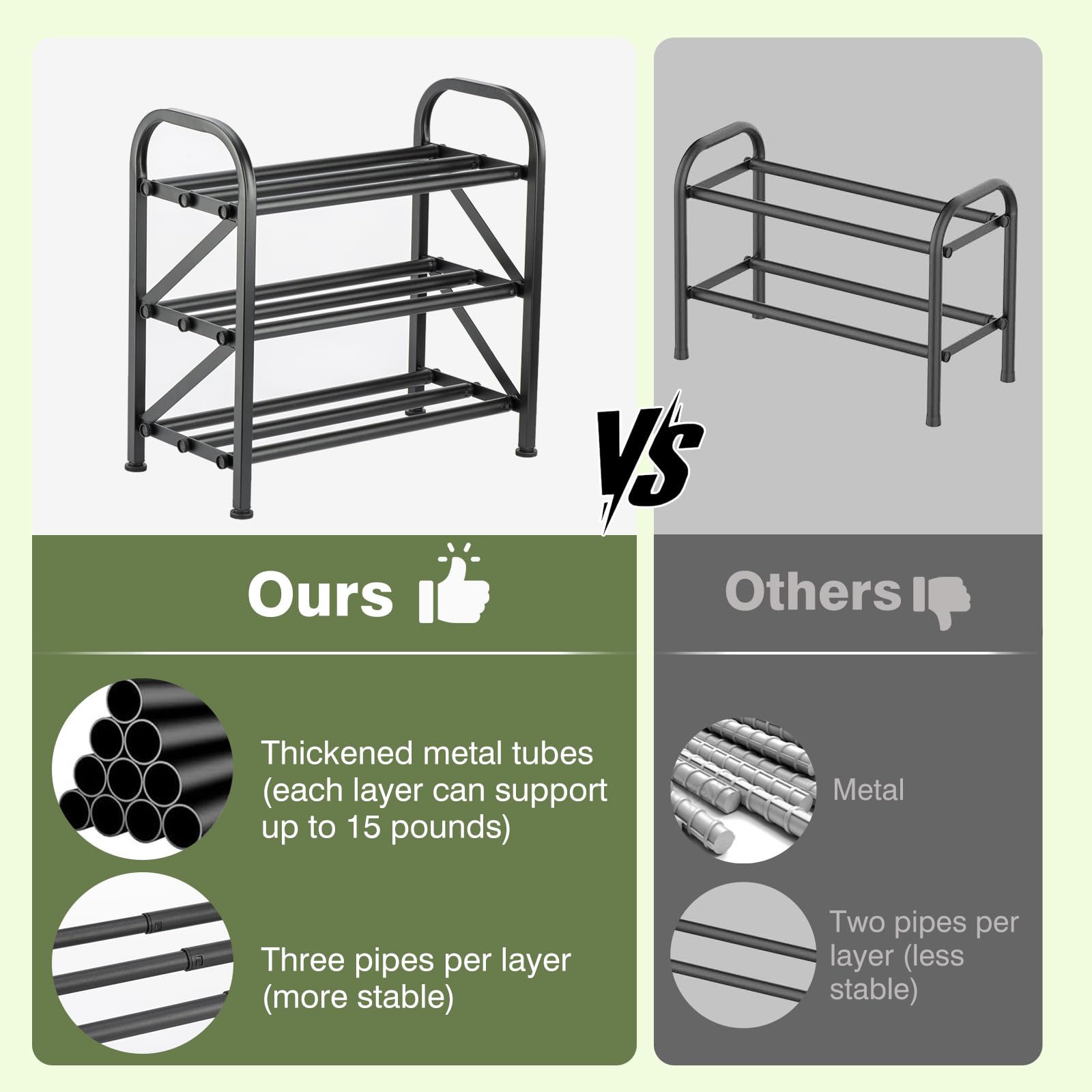 Atrastout metal shoe rack close-up shows durable tubes and robust joints.