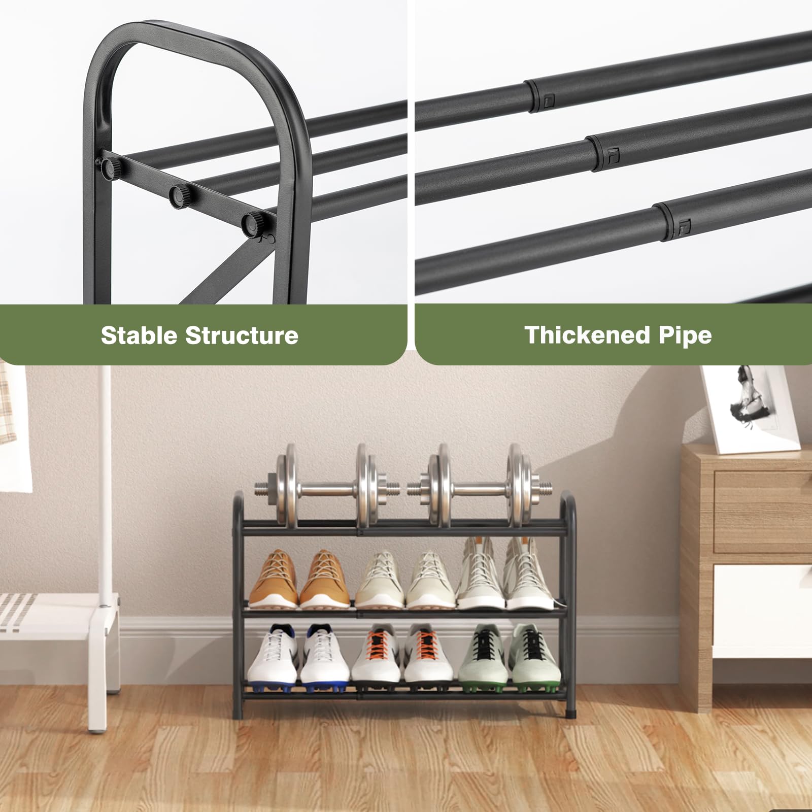 Atrastout slim-profile shoe storage fits narrow closets while keeping footwear visible.