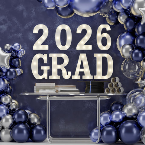 Atronor Grad 2026 LED letters with balloons for decor ideas.