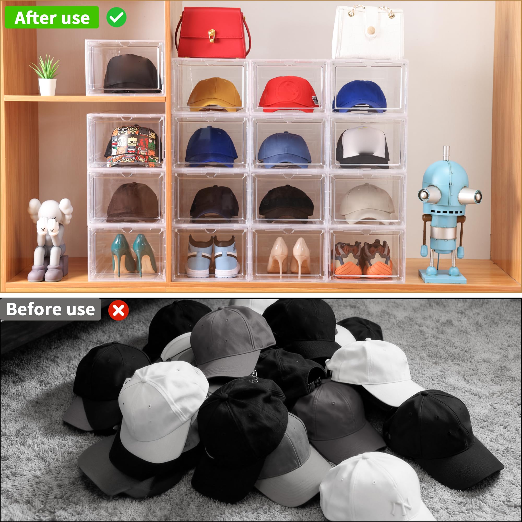 Versatile storage for books, shoes, purses beyond hats