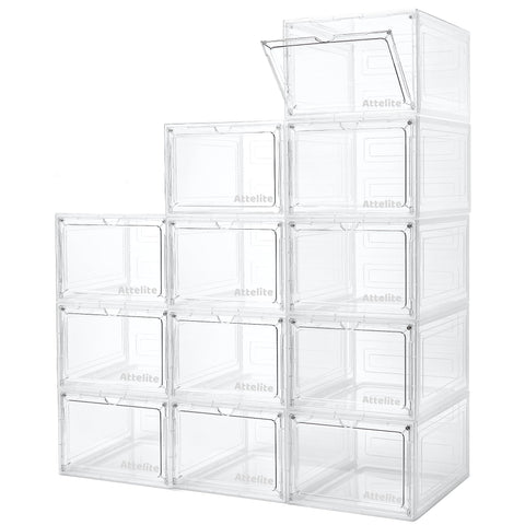Attelite Upgrade 12pack shoe box outer view showing sturdy clear storage for sneakers.