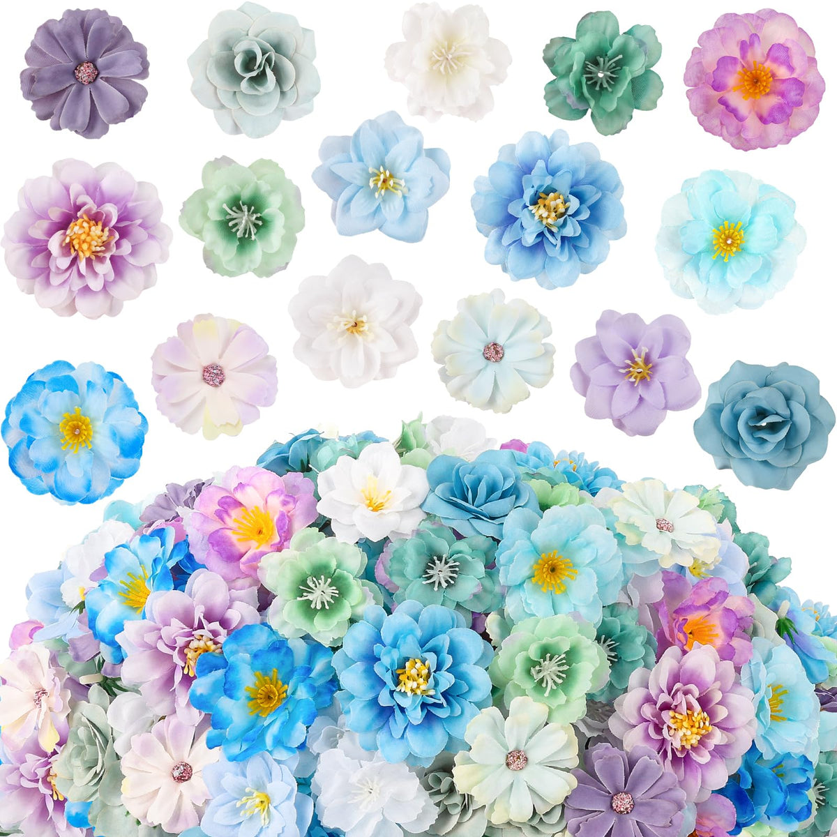 ATTGREAT 210-pcs blue mini silk flower heads bulk for DIY crafts and decor.