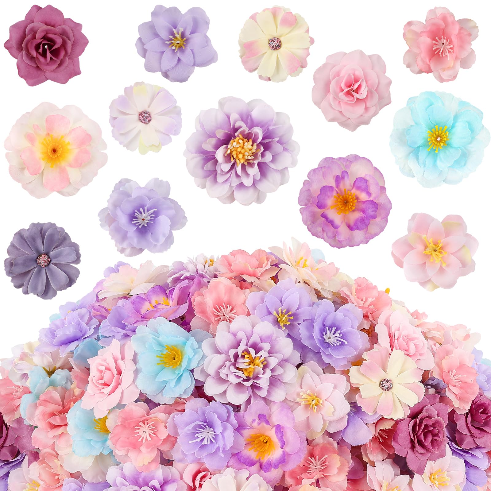 ATTGREAT 210 pcs mini silk flower heads in purple mix for bold craft accents.