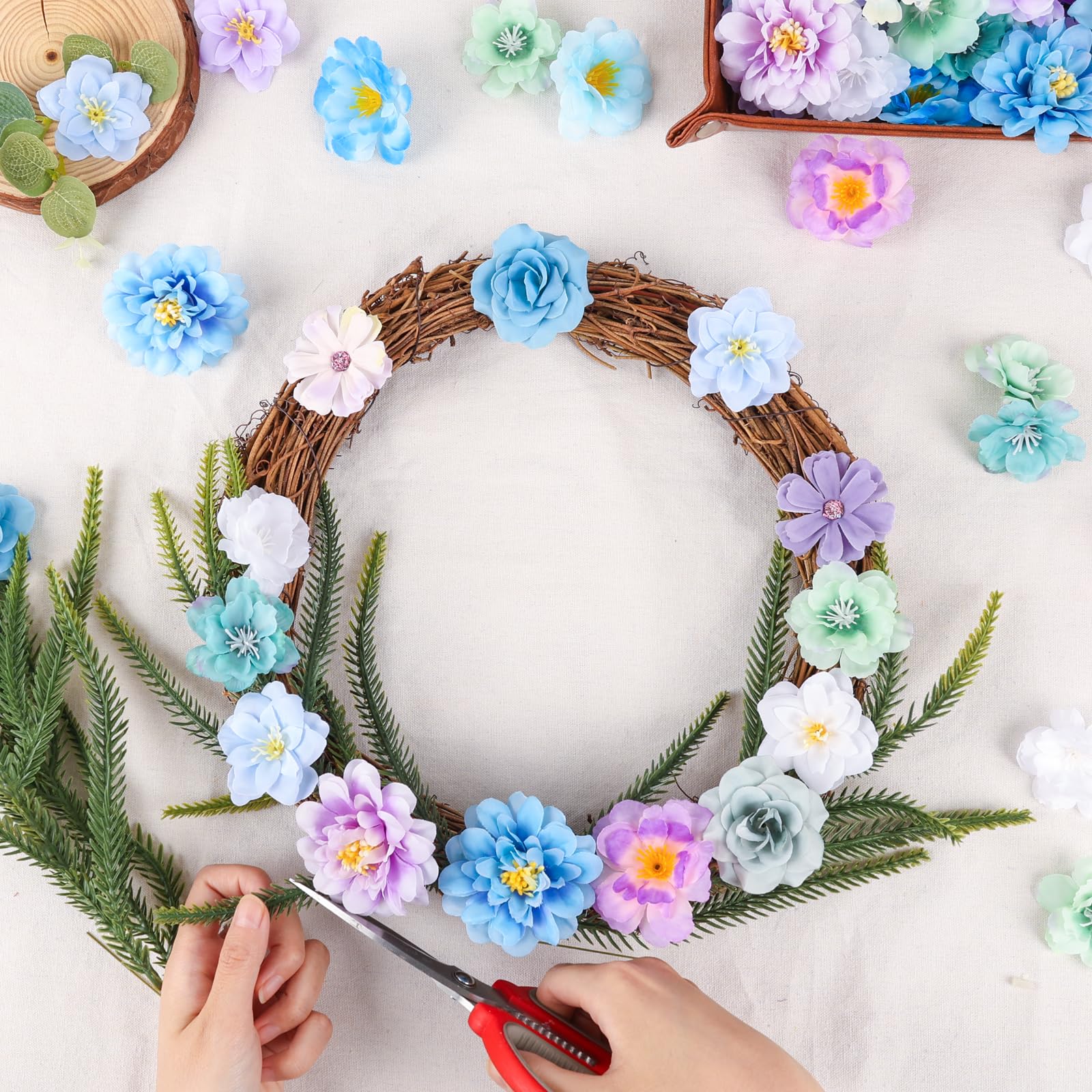 ATTGREAT blue sunflower silk heads for wreaths and backdrops.