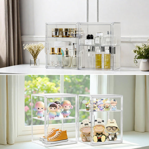 Attelite acrylic display case removable-divider allows custom spacing for different items.