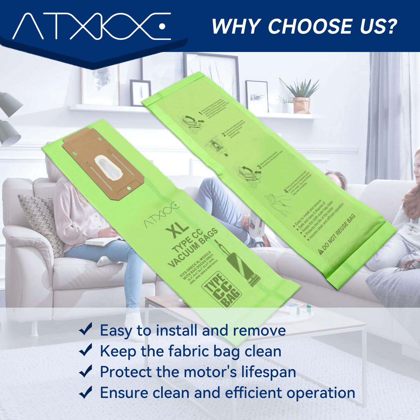 ATXKXE filtration system reduces visible dust during cleaning.