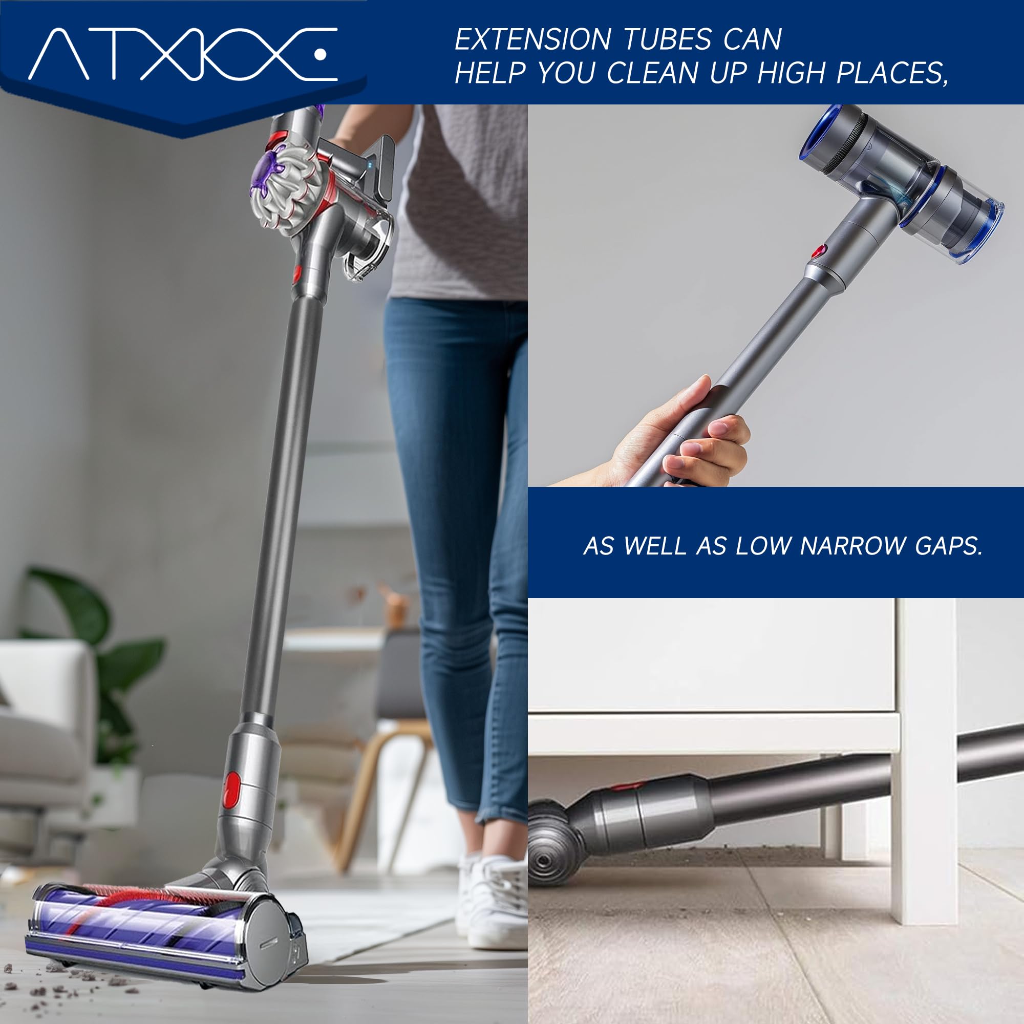 ATXKXE wand attached to Dyson vacuum ready for dust pickup.