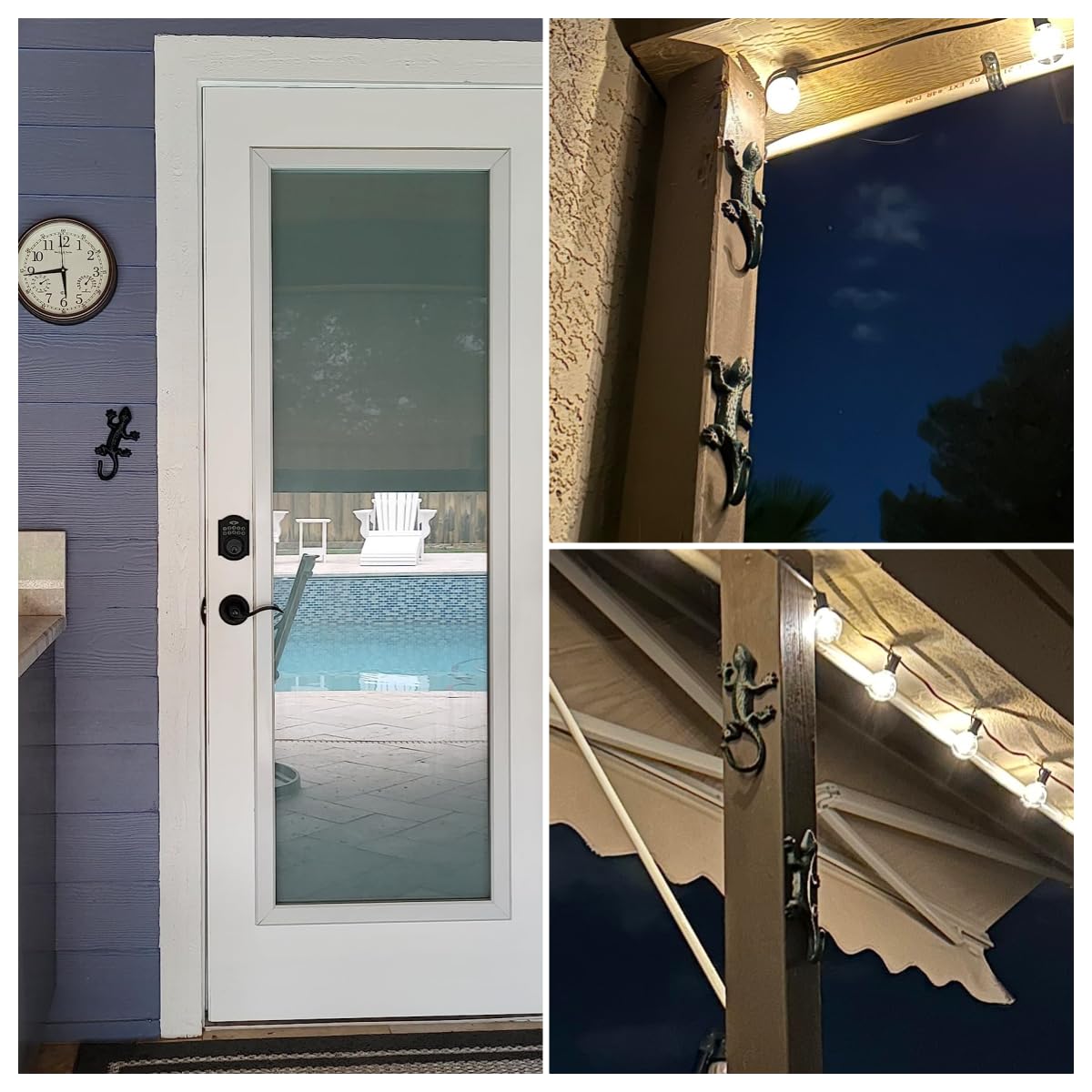 Towels hanging on Auafanzy gecko wall hooks by the pool.