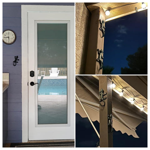 Towels hanging on Auafanzy gecko wall hooks by the pool.