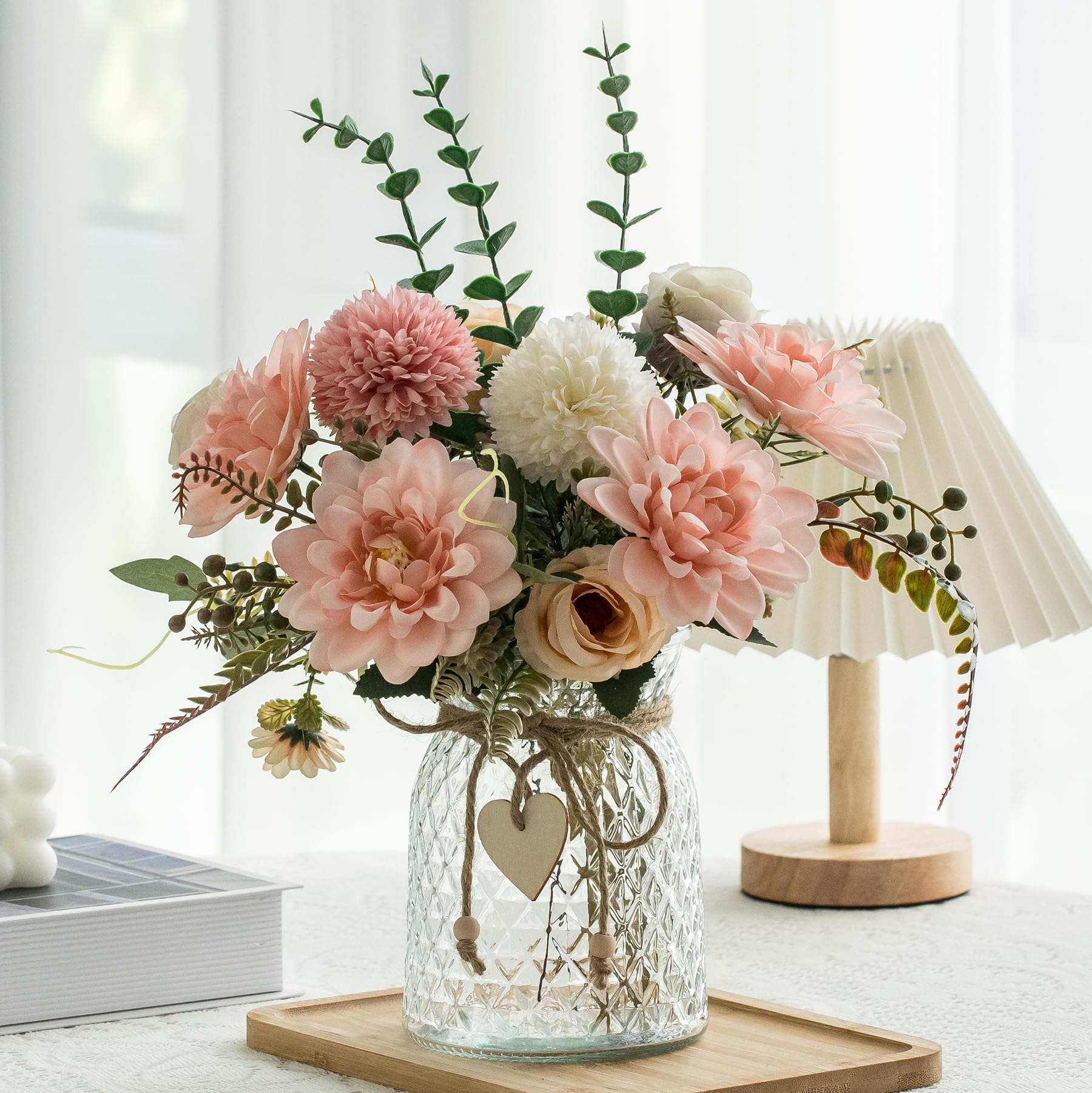 Aubcee fake flowers with vase close-up of pink dahlia arrangement for elegant home decor centerpieces.