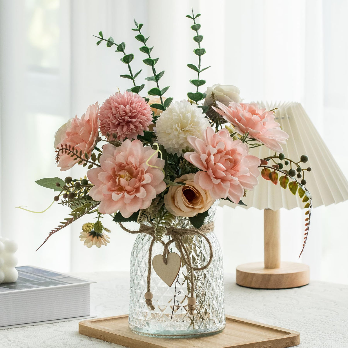 Aubcee fake flowers with vase close-up of pink dahlia arrangement for elegant home decor centerpieces.