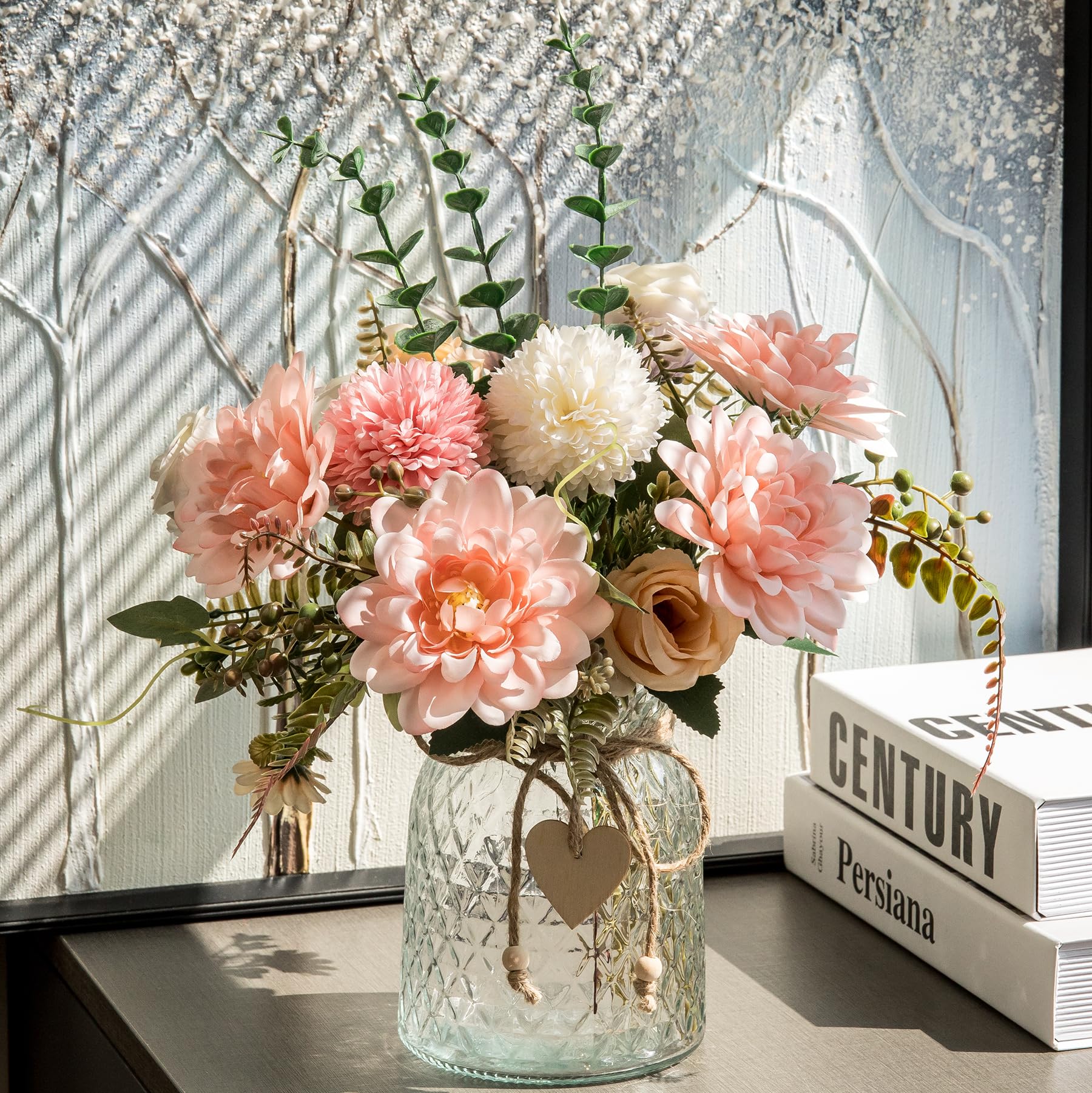 Aubcee fake flowers with vase glass vase with heart pendants and hemp rope for romantic centerpieces.