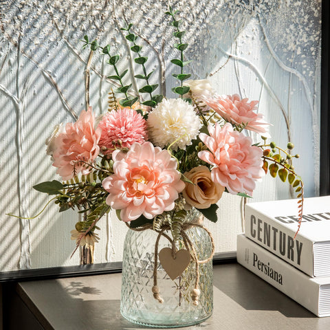 Aubcee fake flowers with vase glass vase with heart pendants and hemp rope for romantic centerpieces.
