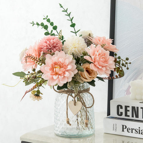 Aubcee fake flowers with vase 15-inch bouquet with 6.2-inch vase for table styling.