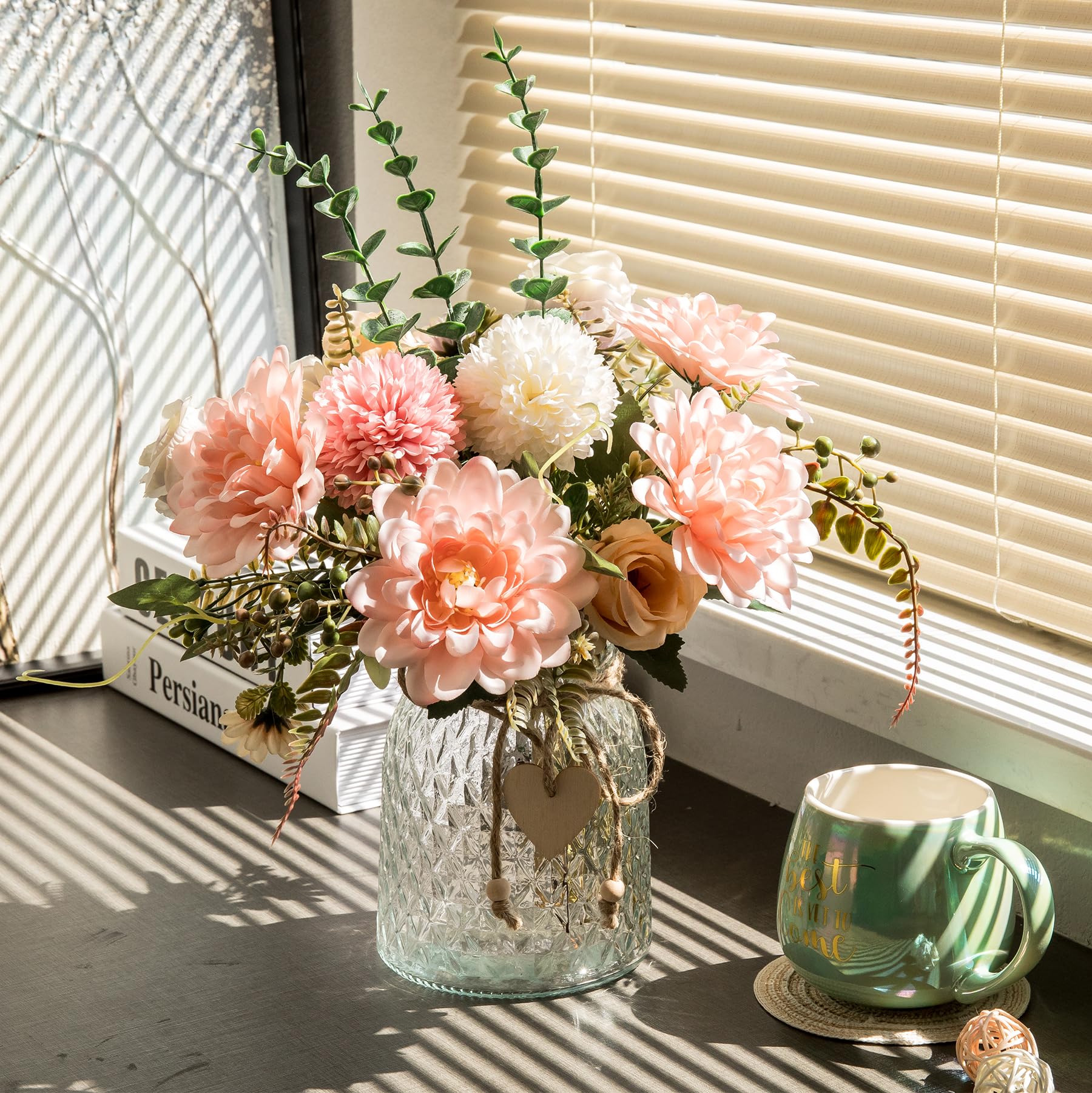 Aubcee fake flowers with vase pink dahlia arrangement ideal for dining table decor.
