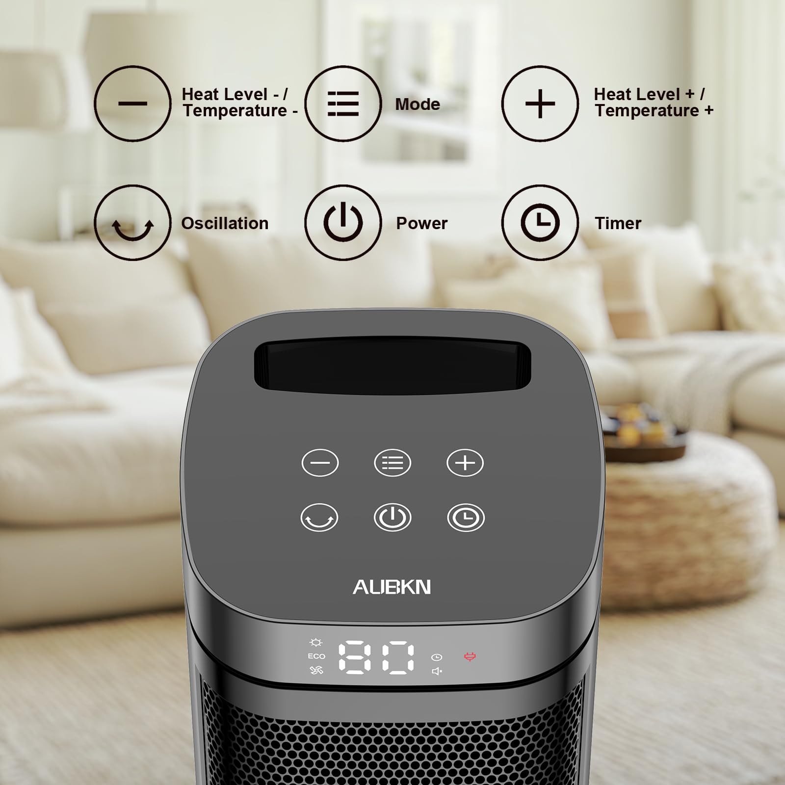 AUBKN portable space heater side view highlighting slim profile for home or office use