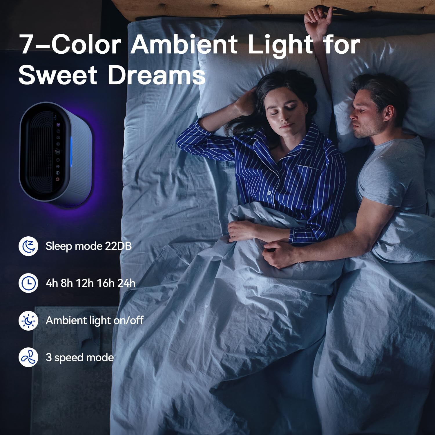 Aucleia air purifier with 7-color ambient light enhances mood and decor.