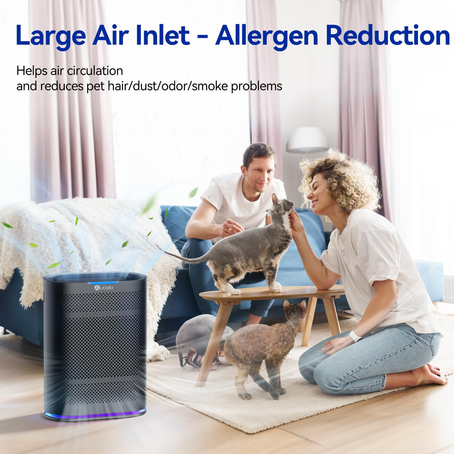 Aucleia air purifier front view for modern home integration and style.