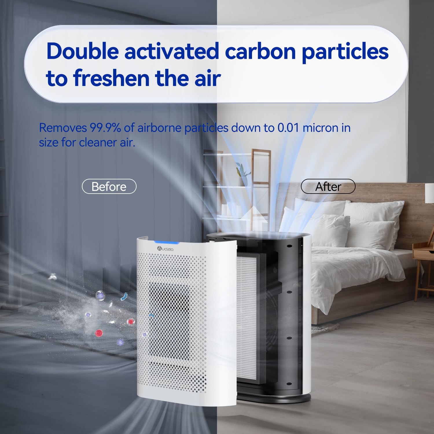 Aucleia air purifier in sleep mode runs quietly for undisturbed nights.