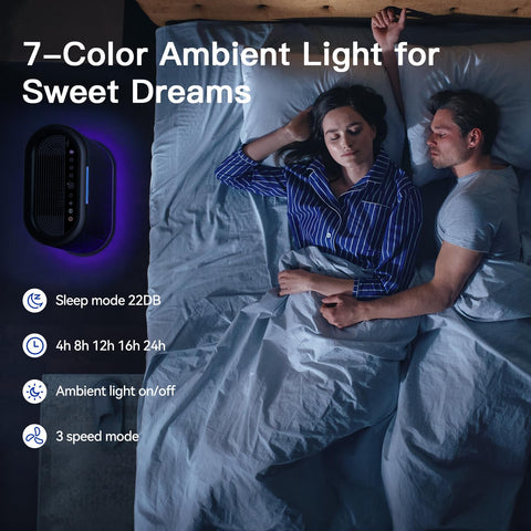 Aucleia sleep mode at 22 dB provides near-silent night purification.