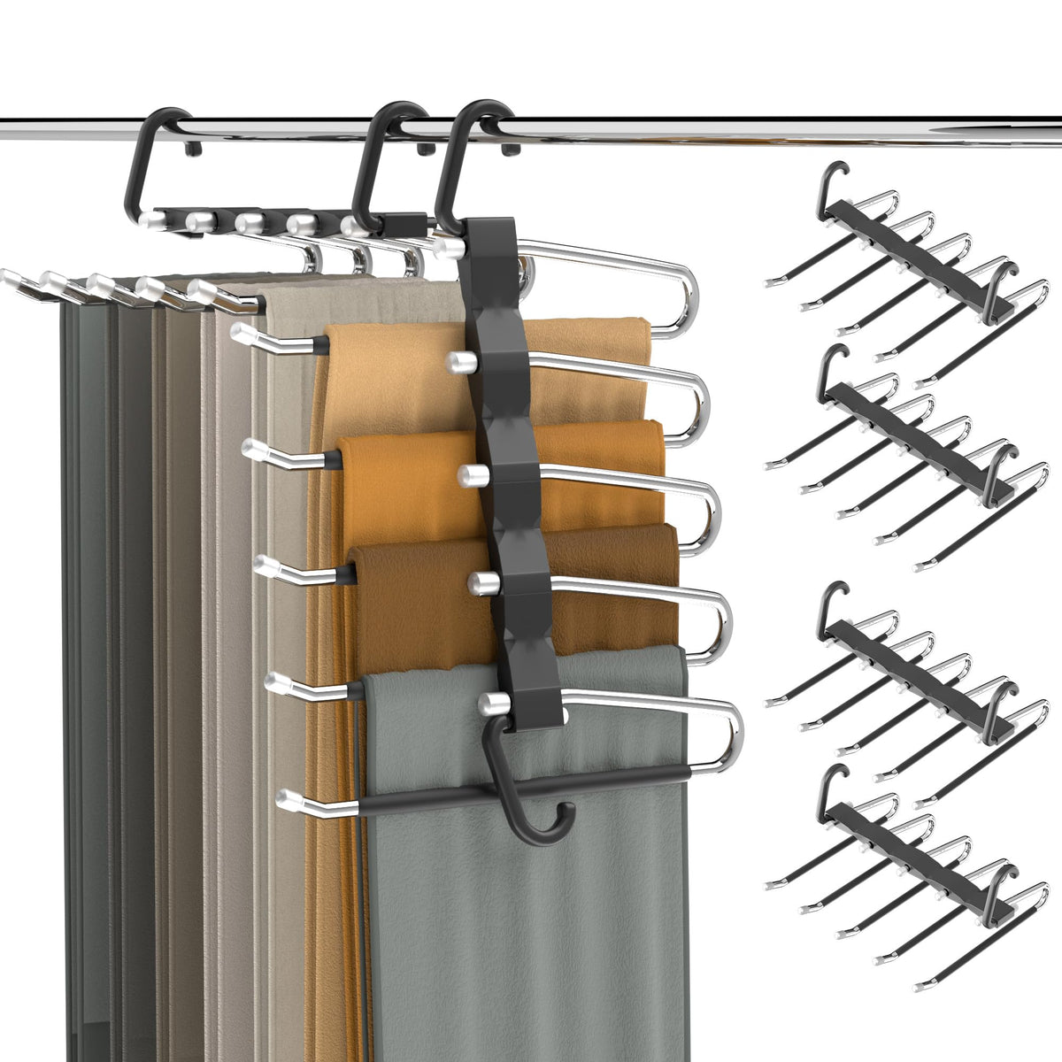 AUFETQ pants hangers 4-pack demonstrate space-saving multi-layer design for jeans and pants