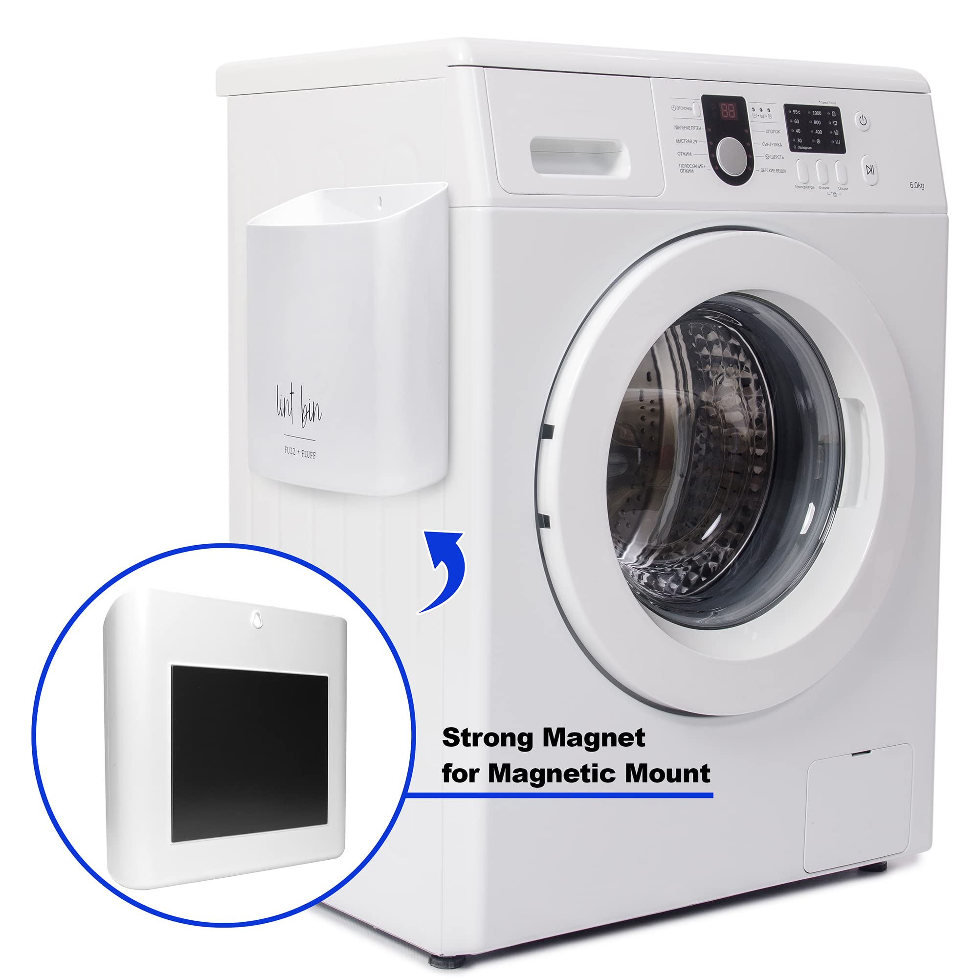 August and Wae dryer-mount magnetic bin for between-appliance storage.