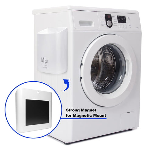 August and Wae dryer-mount magnetic bin for between-appliance storage.