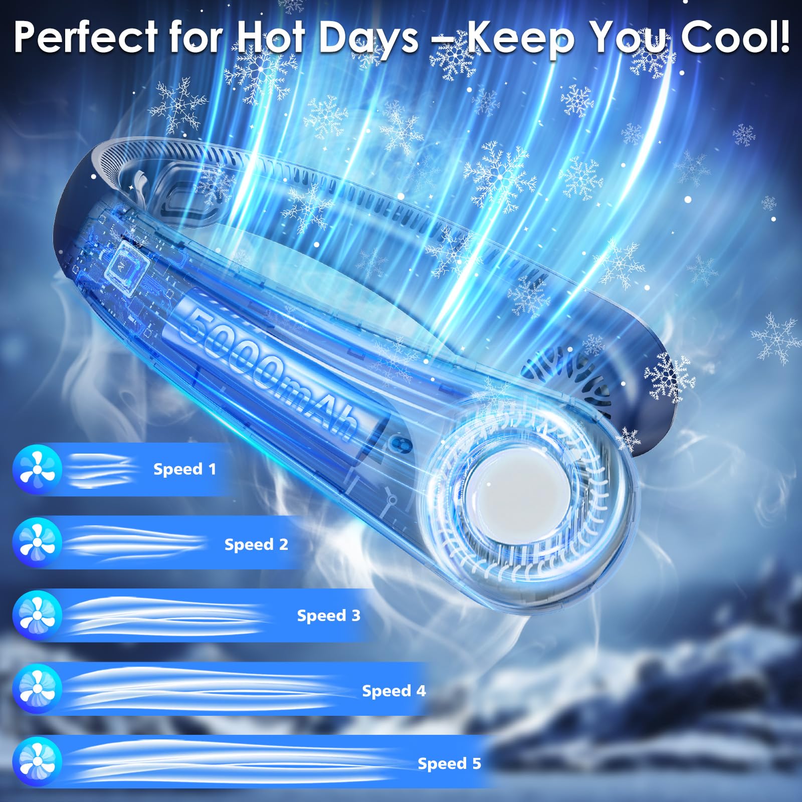 AUIIAH neck fan with five-speed control for customizable relief in any setting.