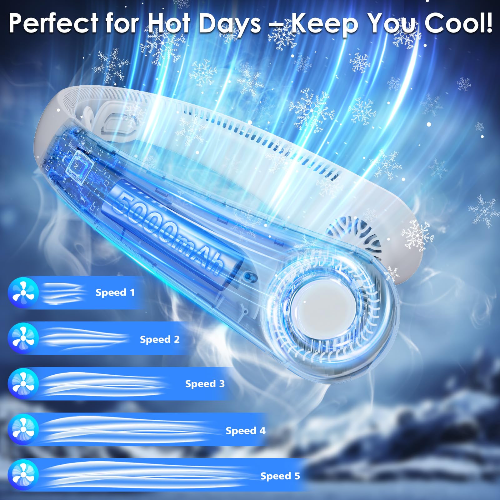 AUIIAH neck fan with five-speed control for a personalized breeze.