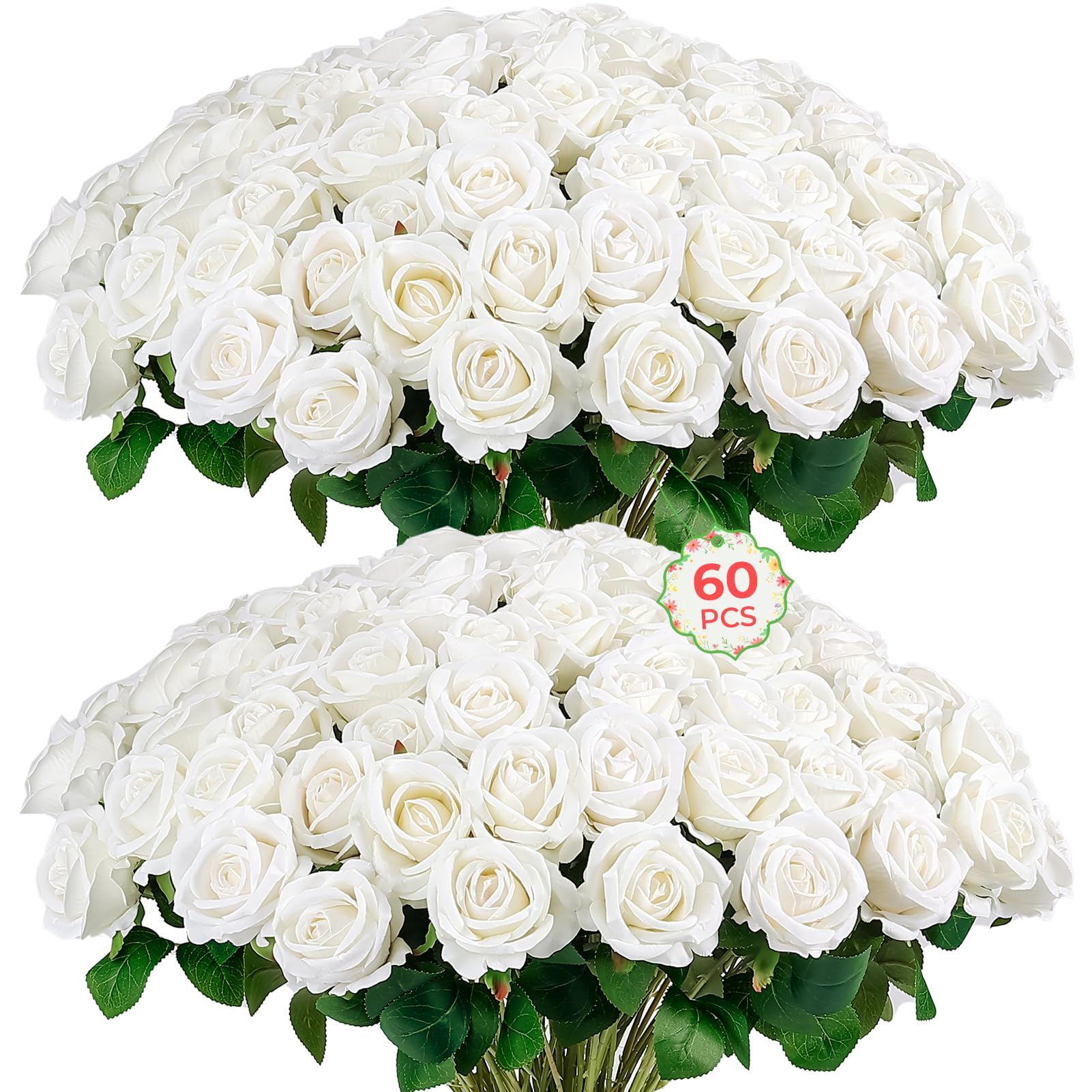 Auihiay 60pcs artificial roses bulk – lush white velvet petals for elegant wedding decor.