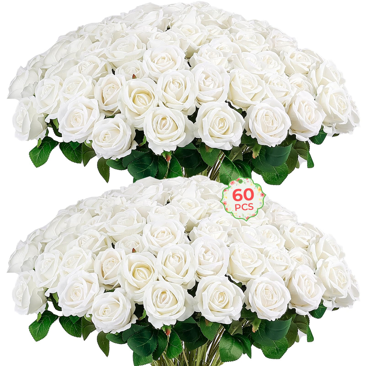 Auihiay 60pcs artificial roses bulk – lush white velvet petals for elegant wedding decor.