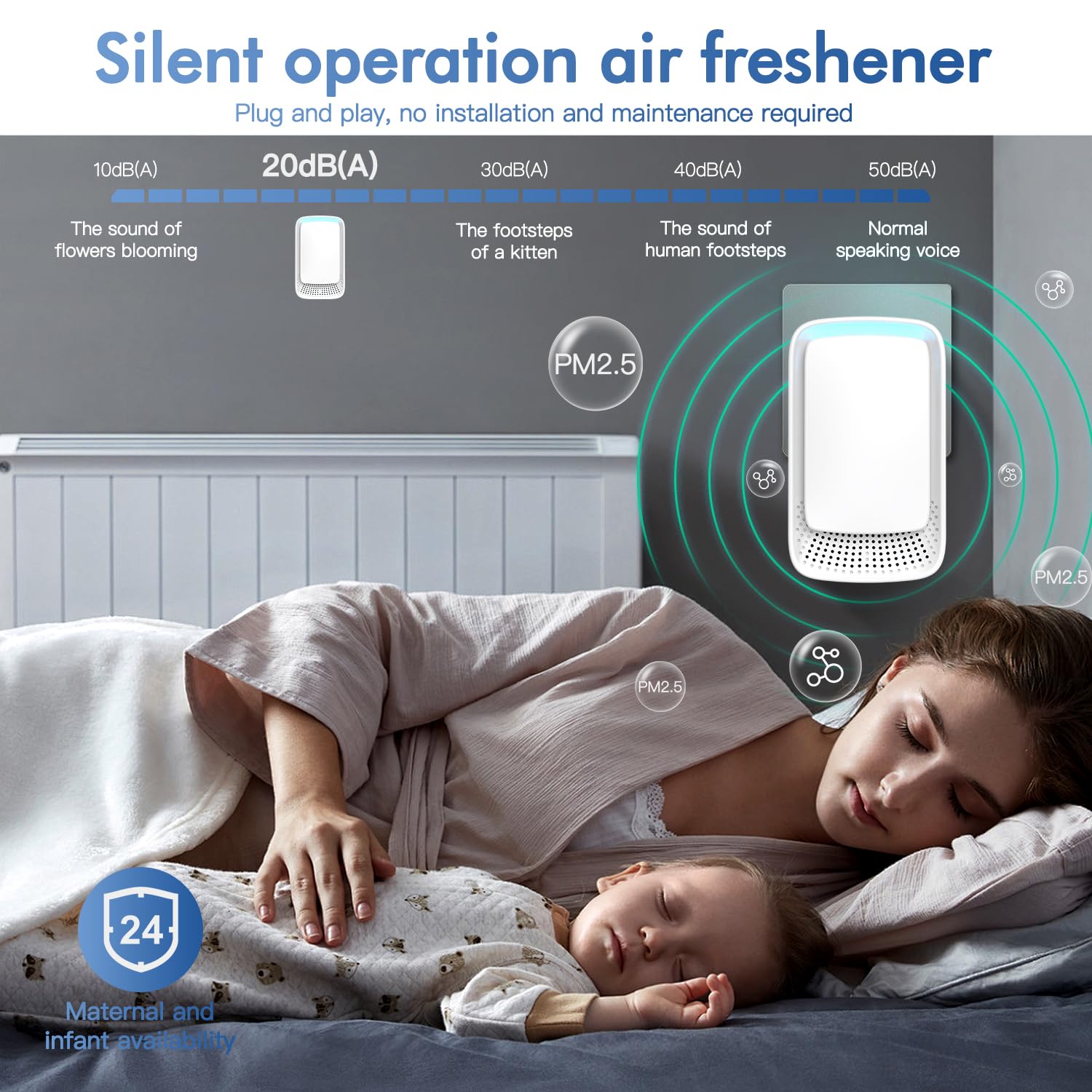 Aukuu compact-size in-bedroom setup demonstrates unobtrusive placement and cleaner air.
