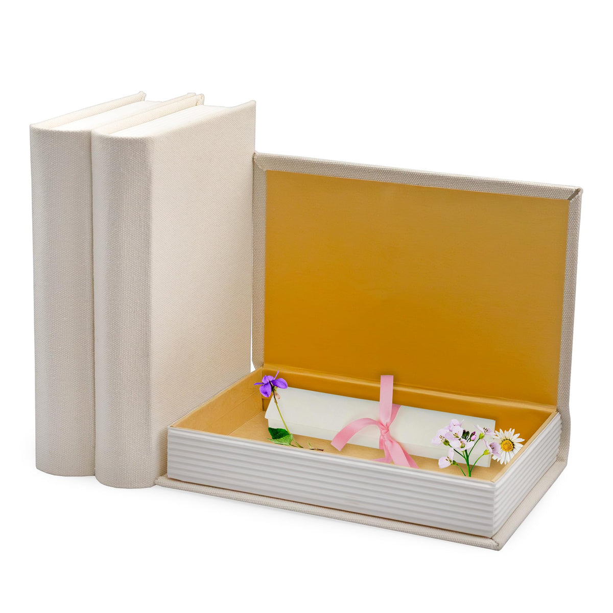 AuldHome Design faux book stack cream front view for elegant shelf decor