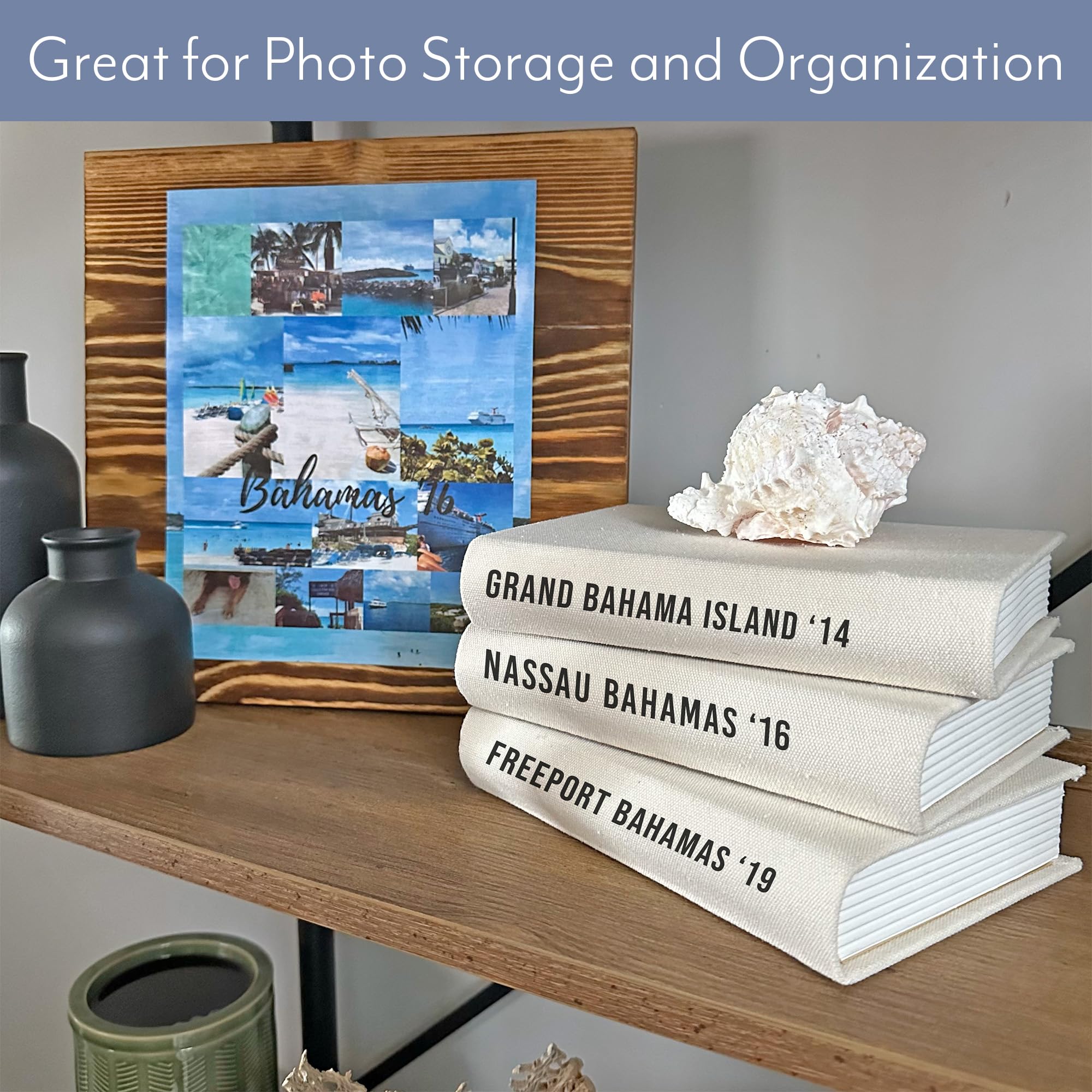 AuldHome Design faux book stack cream on shelf showcases understated elegance