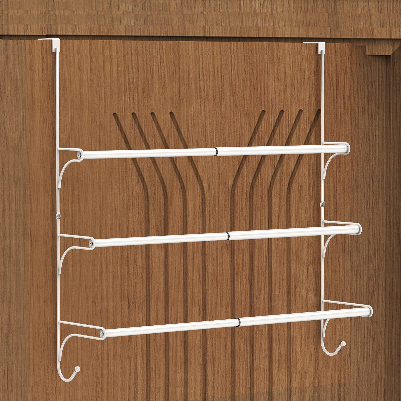 Auledio over-the-door triple towel rack assembly demonstrates tool-free setup.