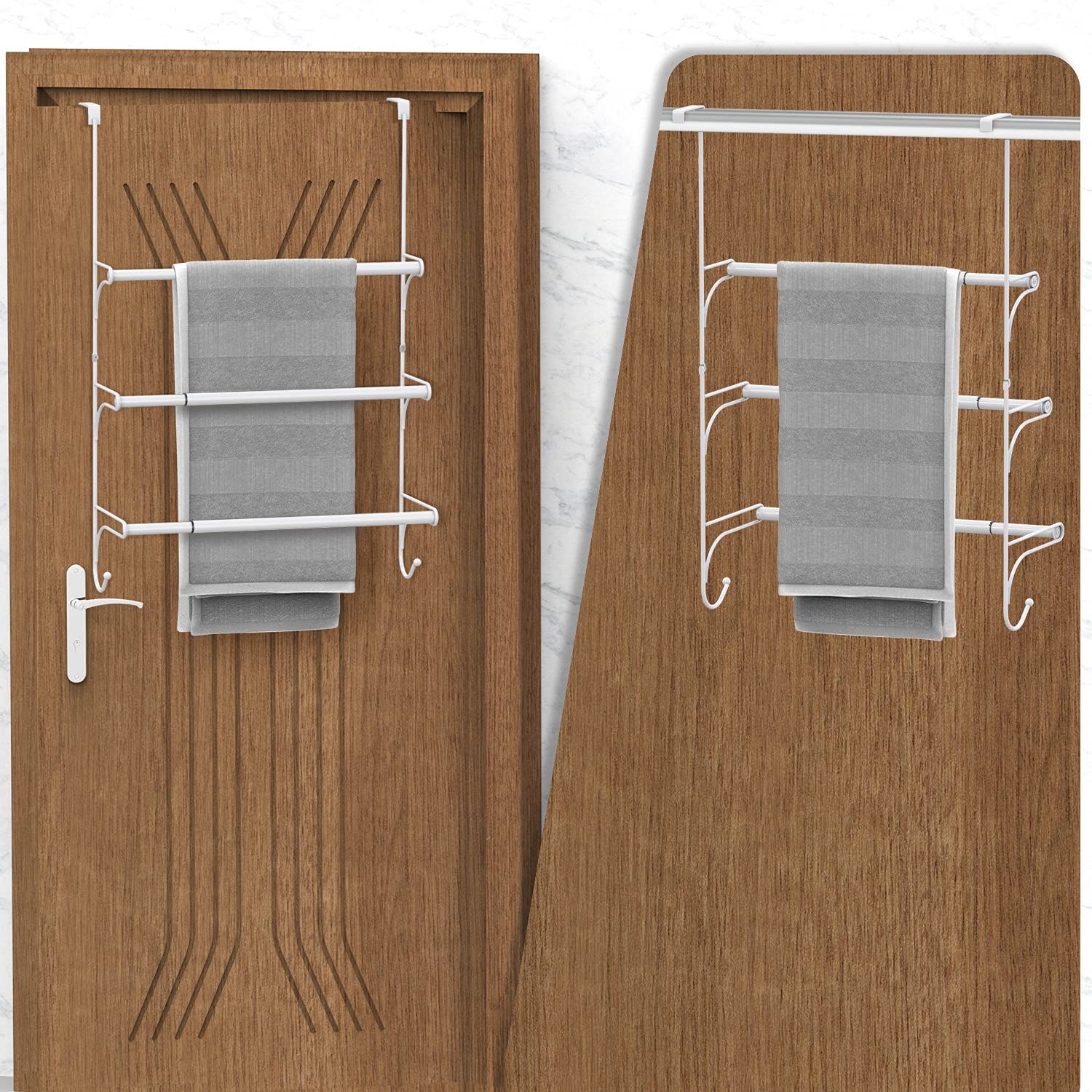 Auledio over-the-door triple towel rack three-tier design holds towels neatly.