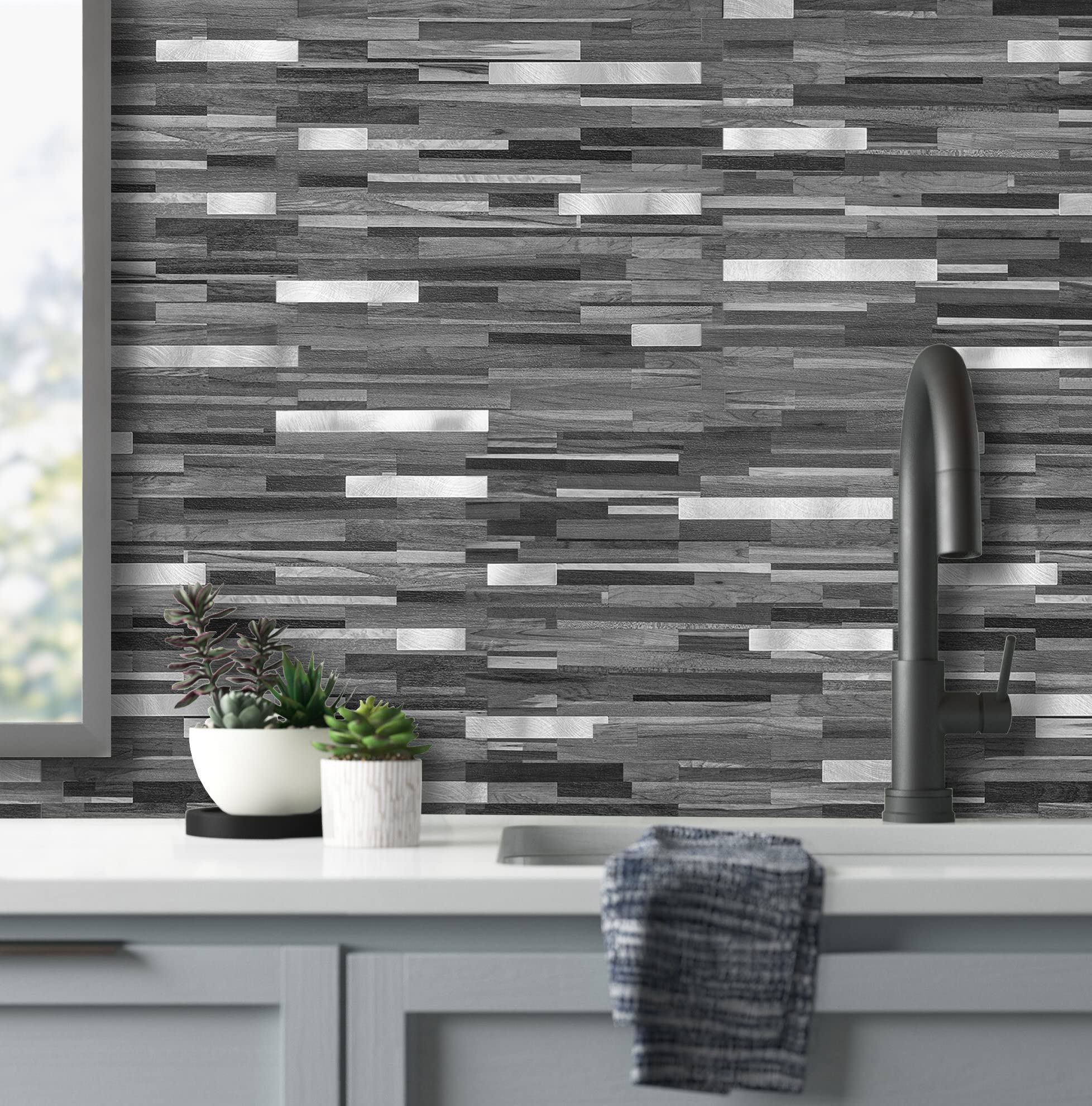 AULIGET black-grey wood look tiles—durable, waterproof backsplash option.