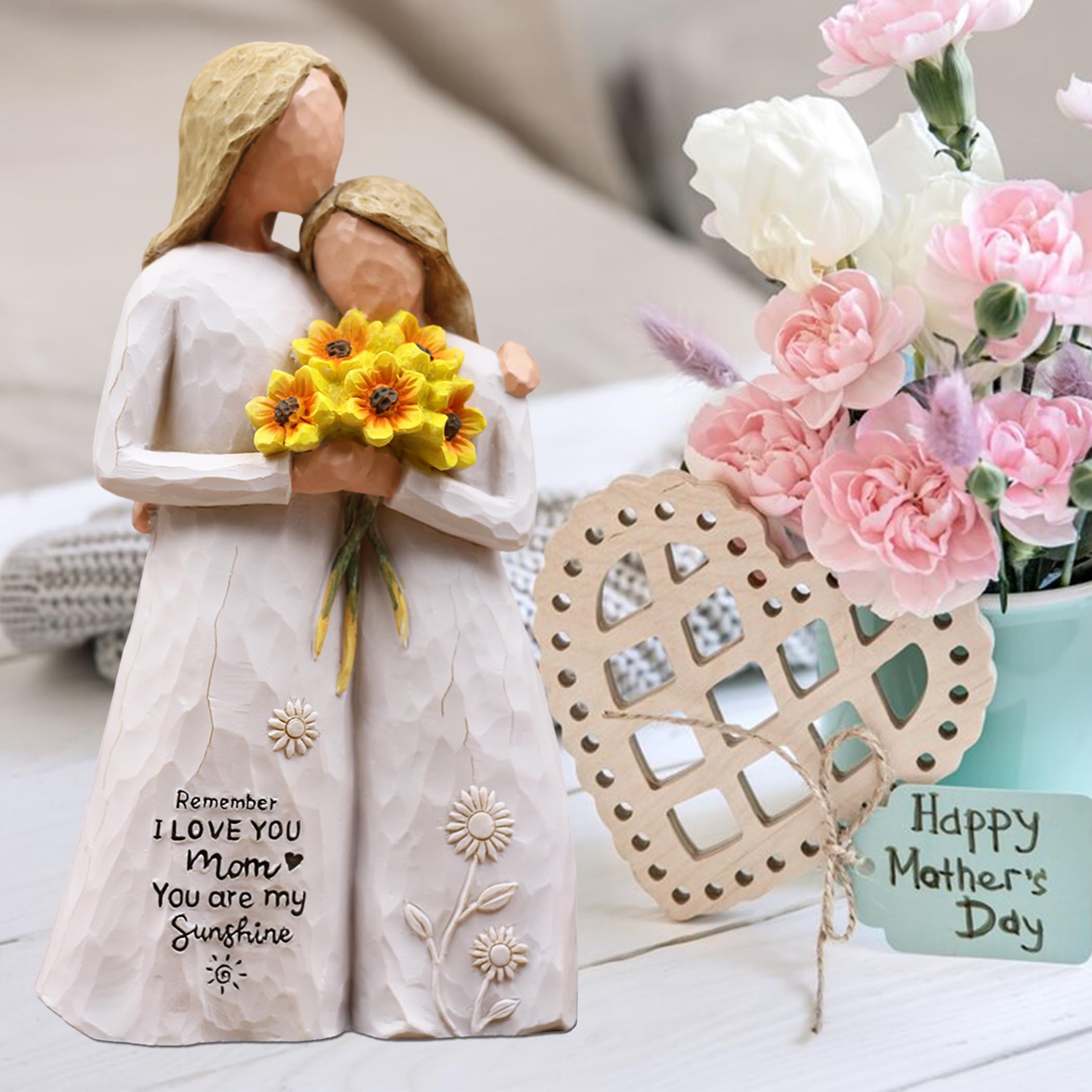 AUMELO mother-daughter statue featuring sunflowers, ideal for Mother's Day display