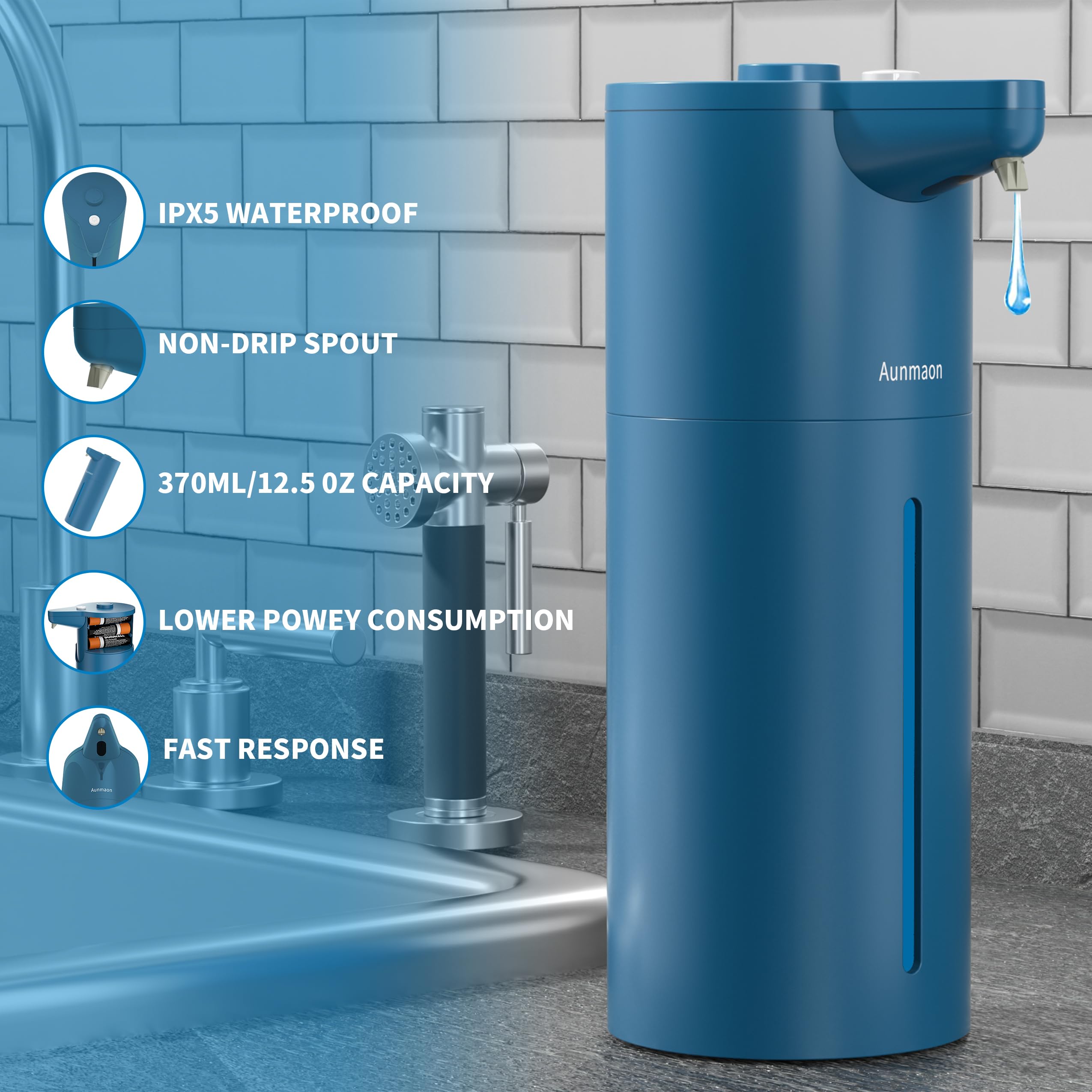 Aunmaon kitchen-use dispenser demonstrating thick and thin soap compatibility.