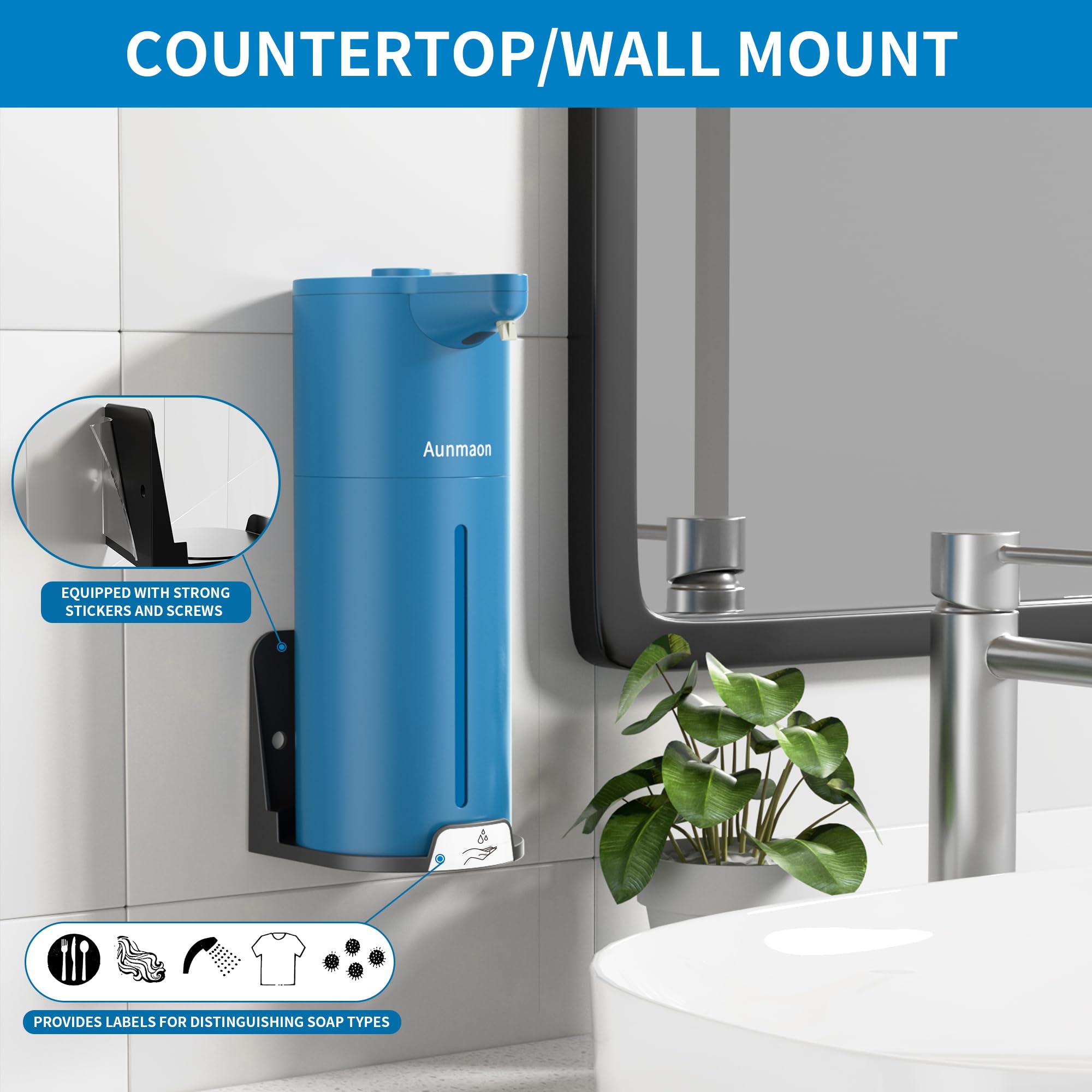 Aunmaon blue volume-control dispenser showing adjustable output for precise dosing.