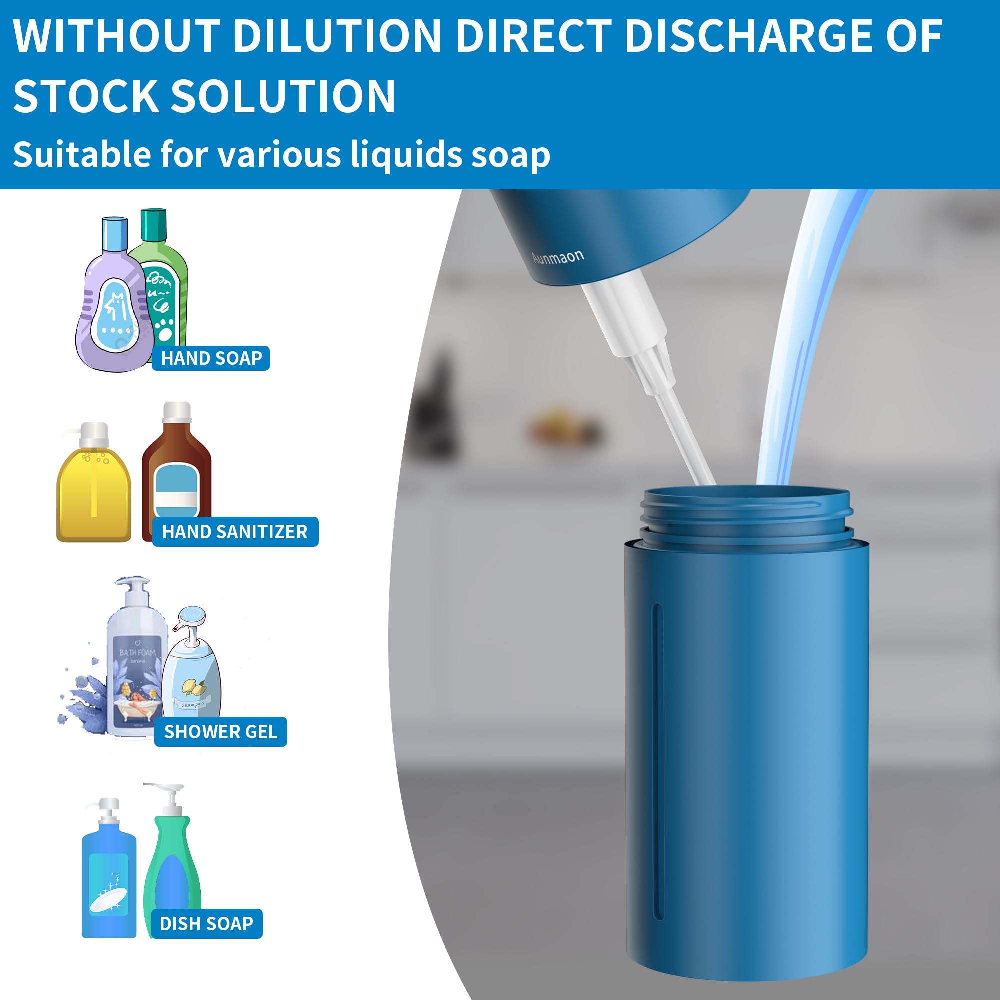 Aunmaon wall-mountable soap dispenser in blue for space-saving setup.