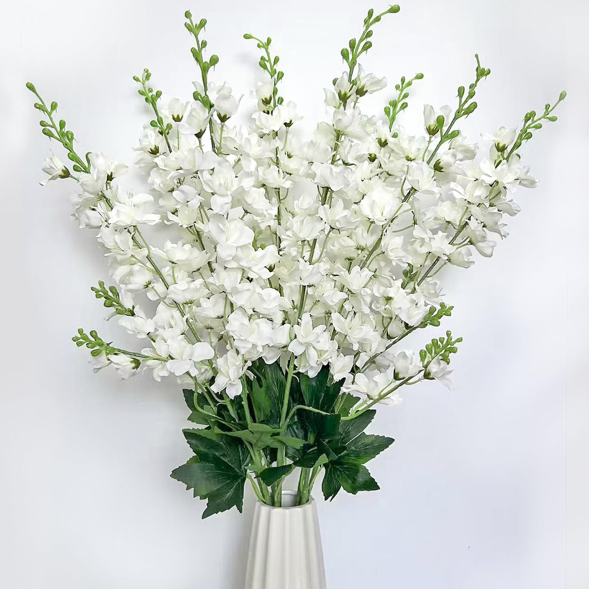 Aunosit white Delphinium artificial flowers in a tall vase for elegant decor