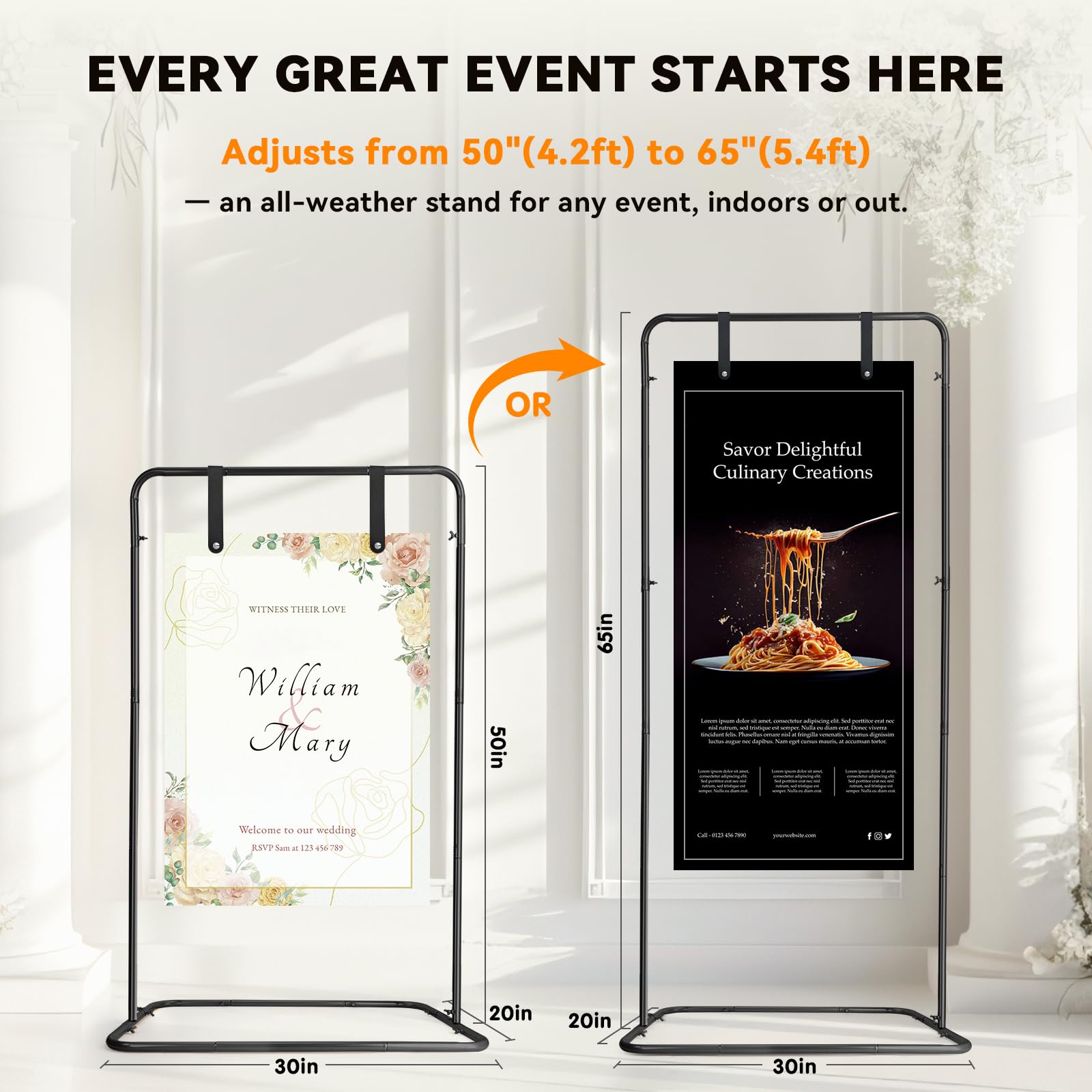AuntyFey black metal easel displaying a wedding sign setup at a venue