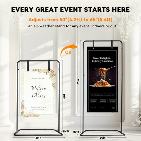 AuntyFey black metal easel displaying a wedding sign setup at a venue