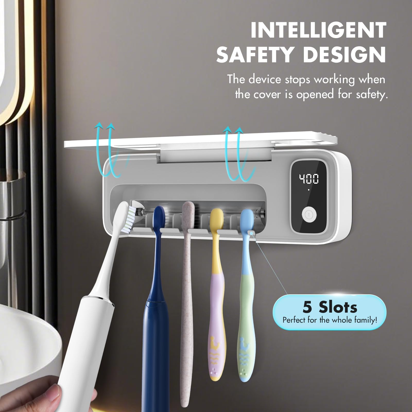 AuntyFey Sanitizeri toothbrush cleaner wall-mount adhesive setup saves counter space.