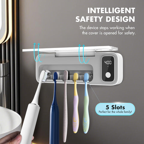 AuntyFey Sanitizeri toothbrush cleaner wall-mount adhesive setup saves counter space.
