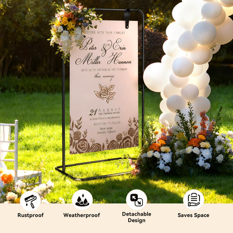 AuntyFey venue decor easel supporting garlands and banners securely